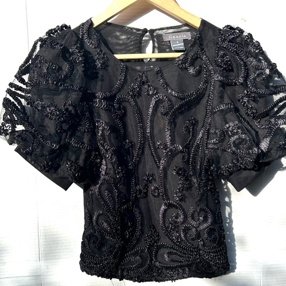 GRACIA Ribbon Blouse black with puff sleeves - Picture 3 of 10